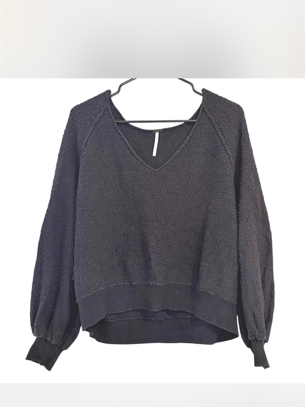 Free People Black V-Neck Bouclé Pullover Sweater